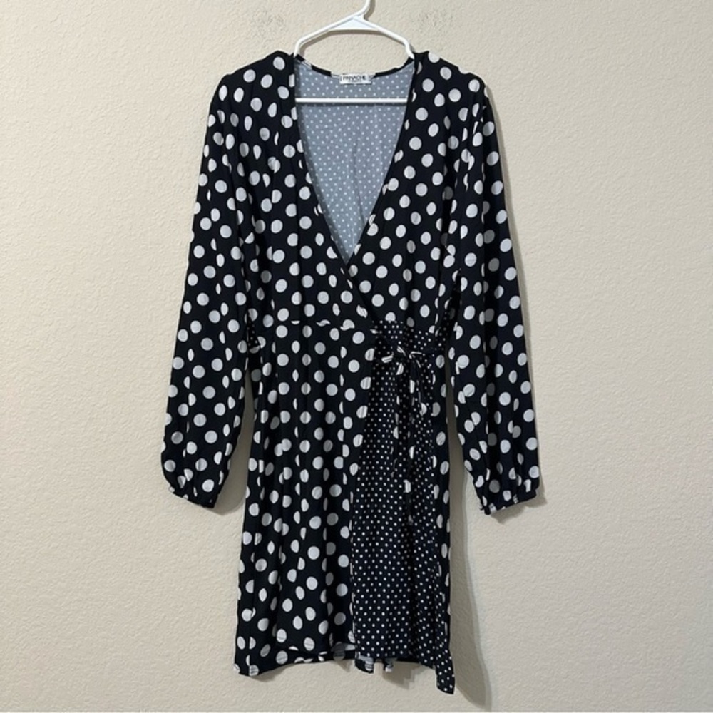 Panache Fashion House Dress Black White Polka Dots Wrap Midi Long Sleeve Bow